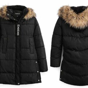 Bebe ladies med/large long black winter coat with faux fur detachable hood
